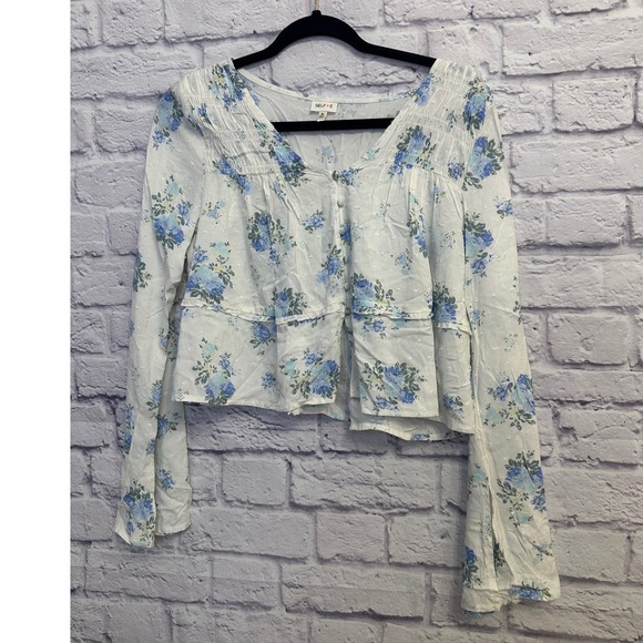Selfie White Floral Print Long Sleeve Crop Top Blouse - Medium - Picture 1 of 8